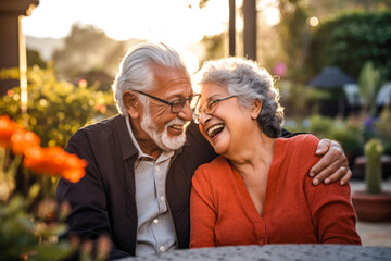 An elderly Hispanic couple enjoying outdoors, their love palpable, reflecting a Latin American immigrant's fulfilling retirement
