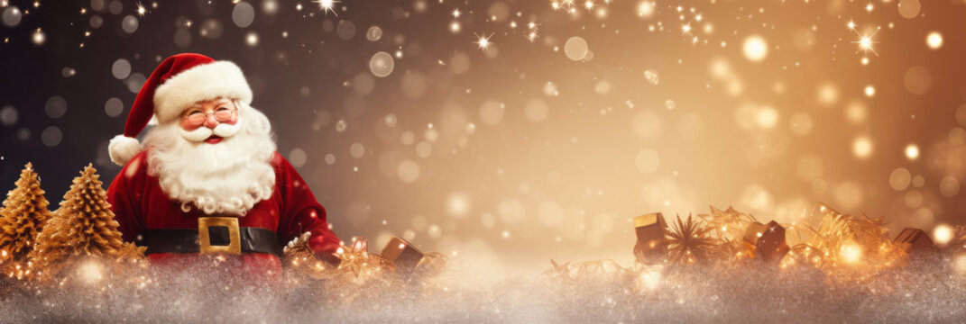 Christmas background with Santa Claus and golden fir trees. Horizontal banner. Santa Claus is located on the left of the banner.