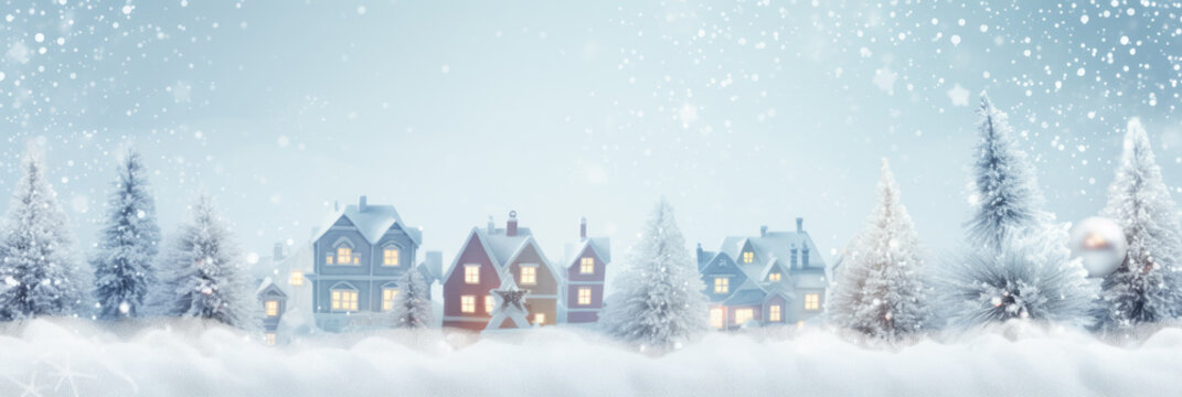 Christmas white-blue light winter background with cozy European houses and Christmas trees on a light blue background with white bokeh, stars, snowflakes. Horizontal banner.