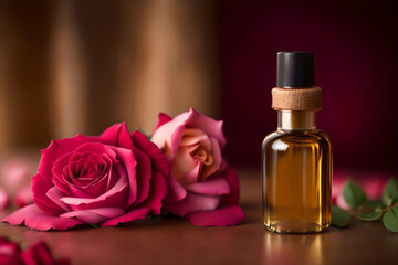 Obraz na płótnie Canvas bottle of rose essential oil with fresh roses on a wooden table. AI Generated.