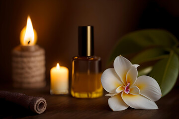 Fototapeta na wymiar Beautiful spa composition with aroma oil bottle and frangipani on wooden table, AI Generated.