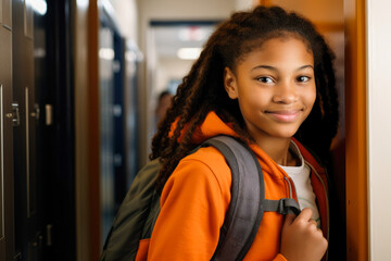 Portrait of a young teenage girl in school at the locker-lined hallway, wearing backpack
