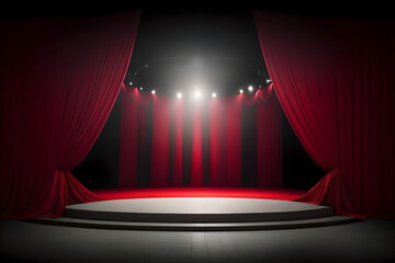 Stage with red curtains and spotlight. Background for presentation. AI Generated.