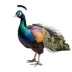 Fototapeta premium Peacock looking forward full body shot on transparent background cutout - Generative AI