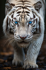 Angry-eyed white tiger coming towards the camera. Generative ai