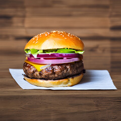 Delicious hamburger on table, tempting aroma, fresh ingredients, fluffy bun.