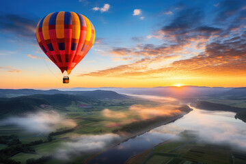 Hot air balloon watching the landscape from the air in nature tourism. Generative ai