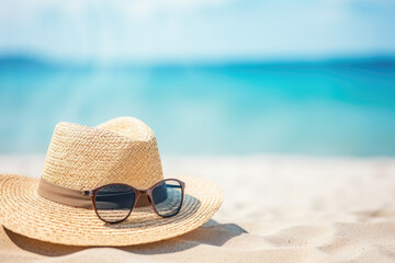 Straw hat and sunglasses on the beach Beach. Generative ai