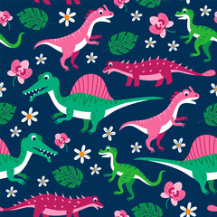 Childish seamless pattern with funny dinosaurs in cartoon. Ideal for cards, invitations, party, banners, kindergarten, baby shower, for fabric, textile, preschool and children room decoration