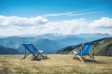 Fototapeta premium Two camping chairs at the foot of the high mountains. Generative ai