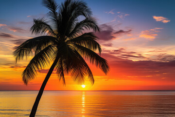 Tropical palm tree sways in tranqui sunset. Generative ai