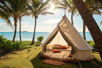 Camping tent among palm trees. Generative ai