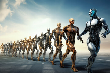 Humanoid robots walking in a single file in minimal order. Generative ai