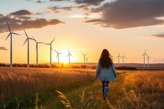 Wind turbine and a young woman walking to the sun by the fields. Generative ai