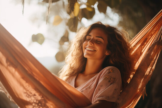 A beautiful woman is swinging in a hammock. Generative ai