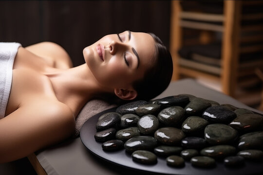 Adult woman getting hot stone massage at spa salon. Generative ai