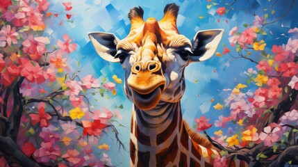 Giraffe with fantasy forest colorful butterflies and flowers background. Generative AI