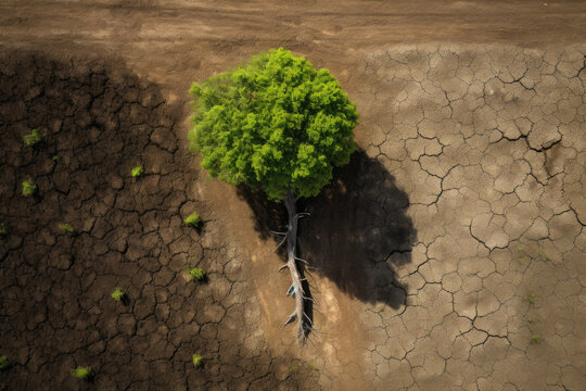 Lonely big green tree in dry wasteland a concept for global warming. Generative ai