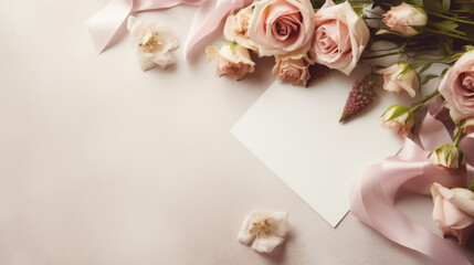 Wedding background and mock up. White sheet of paper and pink flowers on a pastel pink background. space for text and mockup.