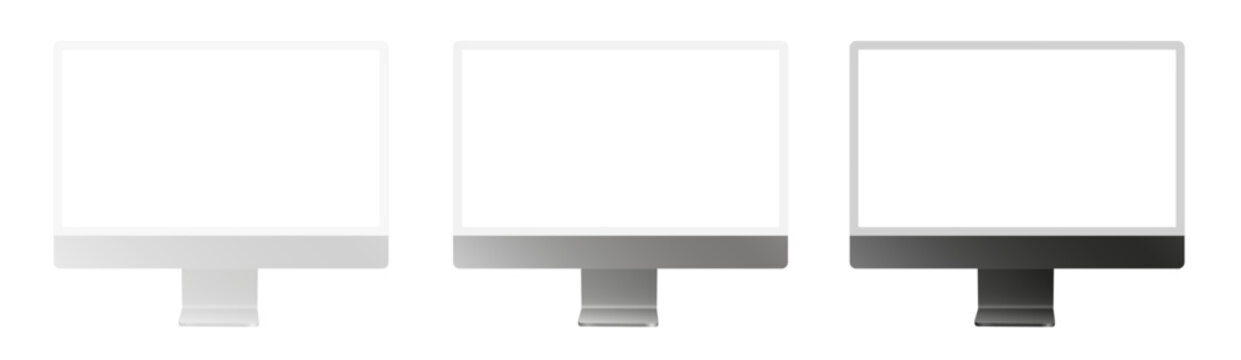 Set of white, silver and black computer monitors. Display with empty screen isolated on transparent background