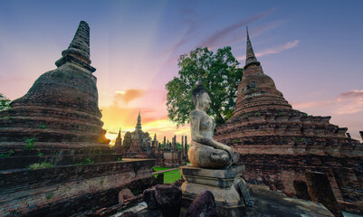 Wat Mahathat Buddhist temple in Sukhothai historical park Thailand. UNESCO, World Heritage Site....