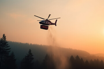 Fototapeta na wymiar Fire extinguisher helicopter dropping water into the forest. Generative ai