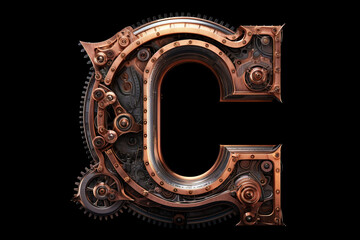 Shiny metal alphabet with gears and rivets isolated on black background, capital letter C, metallic 3D steampunk font design, creative retro abc for poster, wallpaper, movie. Generative AI.