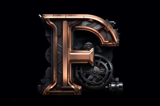 Shiny metal alphabet with gears and rivets isolated on black background, capital letter F, metallic 3D steampunk font design, creative retro abc for poster, wallpaper, movie. Generative AI.