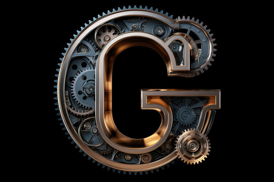 Shiny metal alphabet with gears and rivets isolated on black background, capital letter G, metallic 3D steampunk font design, creative retro abc for poster, wallpaper, movie. Generative AI.