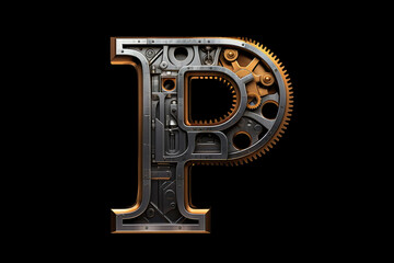 Shiny metal alphabet with gears and rivets isolated on black background, capital letter P, metallic 3D steampunk font design, creative retro abc for poster, wallpaper, movie. Generative AI. - obrazy, fototapety, plakaty
