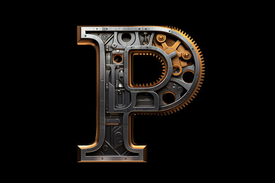 Shiny metal alphabet with gears and rivets isolated on black background, capital letter P, metallic 3D steampunk font design, creative retro abc for poster, wallpaper, movie. Generative AI.