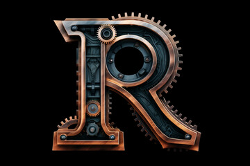Shiny metal alphabet with gears and rivets isolated on black background, capital letter R, metallic 3D steampunk font design, creative retro abc for poster, wallpaper, movie. Generative AI. - obrazy, fototapety, plakaty