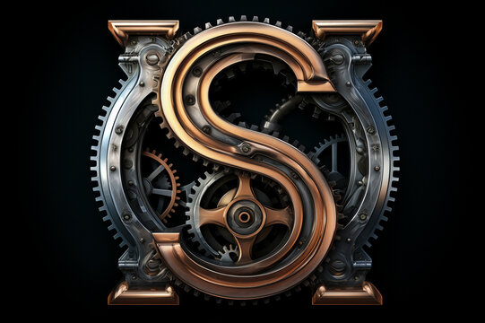 Shiny metal alphabet with gears and rivets isolated on black background, capital letter S, metallic 3D steampunk font design, creative retro abc for poster, wallpaper, movie. Generative AI.