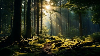 Fototapeta na wymiar Enchanting forest view: tall trees, greenery, sunlight