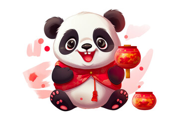 Naklejka premium cute Chinese new year panda smiling, white isolated background PNG