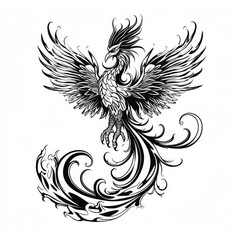 a drawing of a phoenix in black and white. Tattoo idea for a fantasy theme.