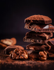 A pile of dark broken chocolate sprinkled with cocoa powder and walnuts on a dark background