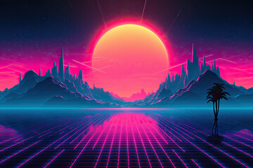 Retro futuristic synthwave styled mountain with palm tree and sunset on background