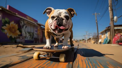 Foto op Plexiglas bulldog dog on the skateboard © Miljan Živković