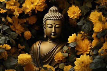 A Buddha statue surrounded by yellow flowers.Generative Ai