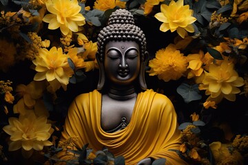 A Buddha statue surrounded by yellow flowers.Generative Ai