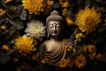 A Buddha statue surrounded by yellow flowers.Generative Ai