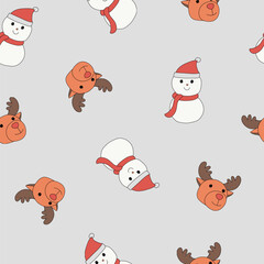 A Christmas snowman and reindeer seamless pattern on a background in a hand-drawn minimal xmas concept, Vector
