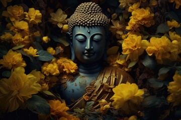 A Buddha statue surrounded by yellow flowers.Generative Ai