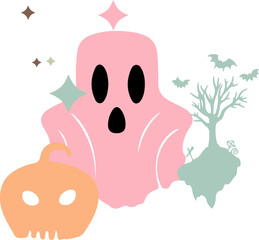 Retro Halloween Doodle Cute Ghost, Colorful Pumpkin, and Fun Speckles Bring Festive Whimsy