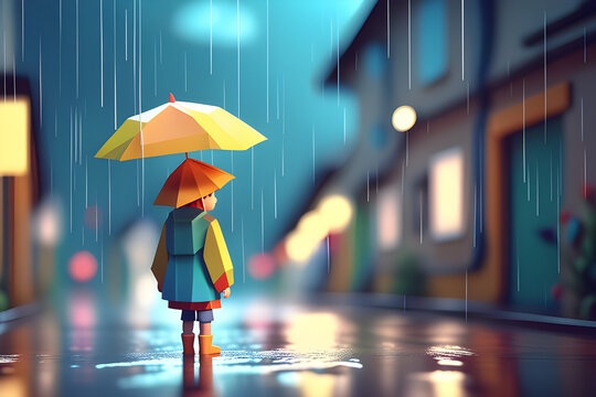Child wearing umbrella on a rainy day. Generative AI