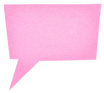 Pink blank cut out paper cardboard speech bubble of rectangular shape with copy space for text on transparent or white background
