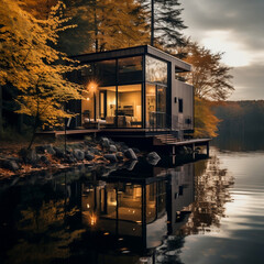 Modern Gray Slate Glass Home by Lake
