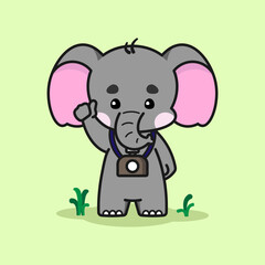 Cute elephant with a camera is in a good mood. Cute elephant cartoon illustration isolated in green background. Vector illustration. Fit for mascot, children's book, icon, t-shirt design, etc.