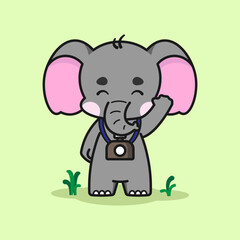 Cute elephant with a camera is waving its hand. Cute elephant cartoon illustration isolated in green background. Vector illustration. Fit for mascot, children's book, icon, t-shirt design, etc.